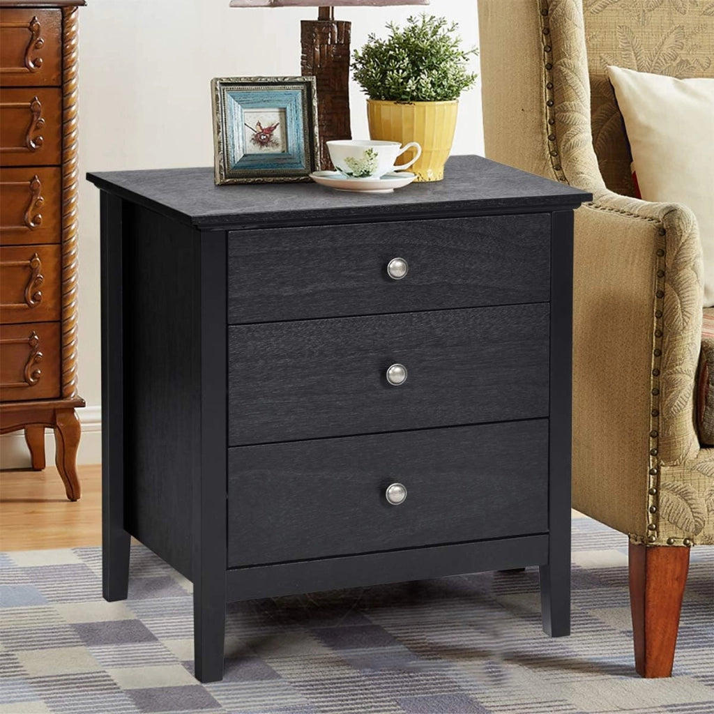 Comodino con 3 Cassetti, Comodino Moderno con 3 Cassetti, Tavolino di Legno, Con Ampio Spazio per Casa, Ufficio, Salone, Camera da letto, 60 x 45 x 66 cm (Nero)