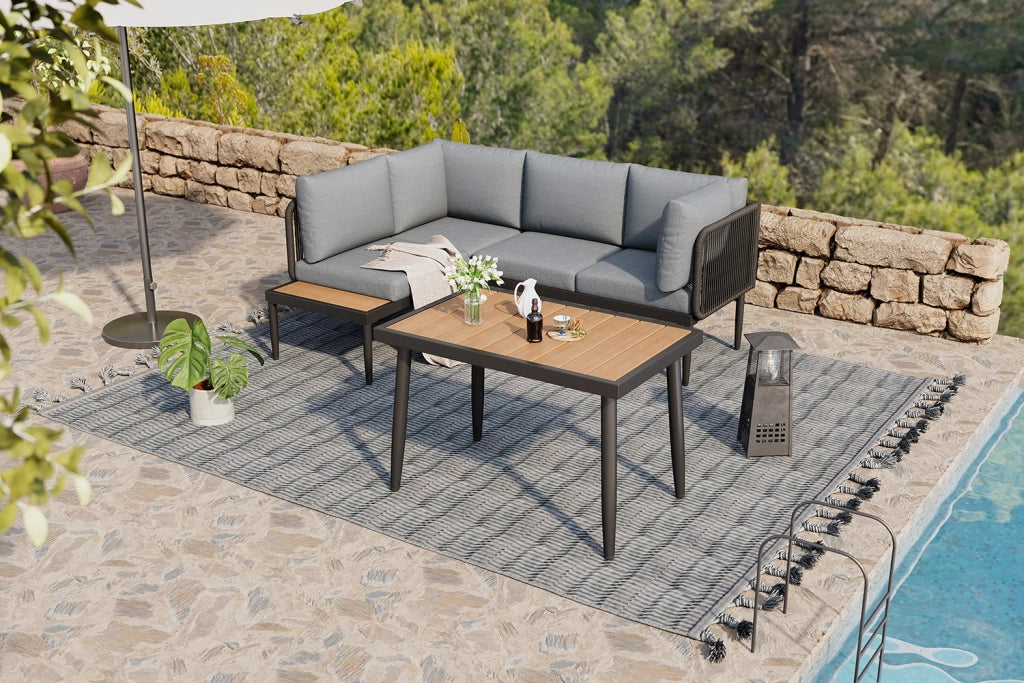 Set da pranzo da giardino set di mobili da giardino divano d'angolo + tavolo da pranzo angolo tubo d'acciaio zincato tavolo in legno di plastica grigio