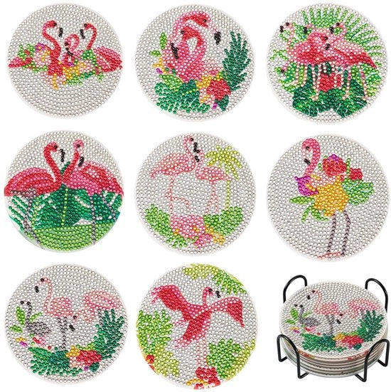 Sostegno per bicchieri 8 pezzi tema Flamingo - Piatto decorativo in vetro - Sostegno per bicchieri in resina - Piatto decorativo in acrilico - Mat di caffè decorativo - Incluso kit di installazione
