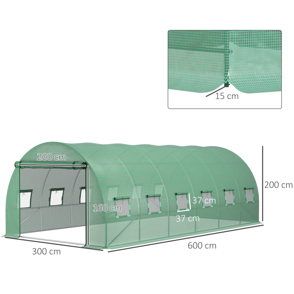 Telo per Serra in PE con 12 Finestre. Porta Avvolgibile e Bordi Interrati. 6x3x2 m. Verde