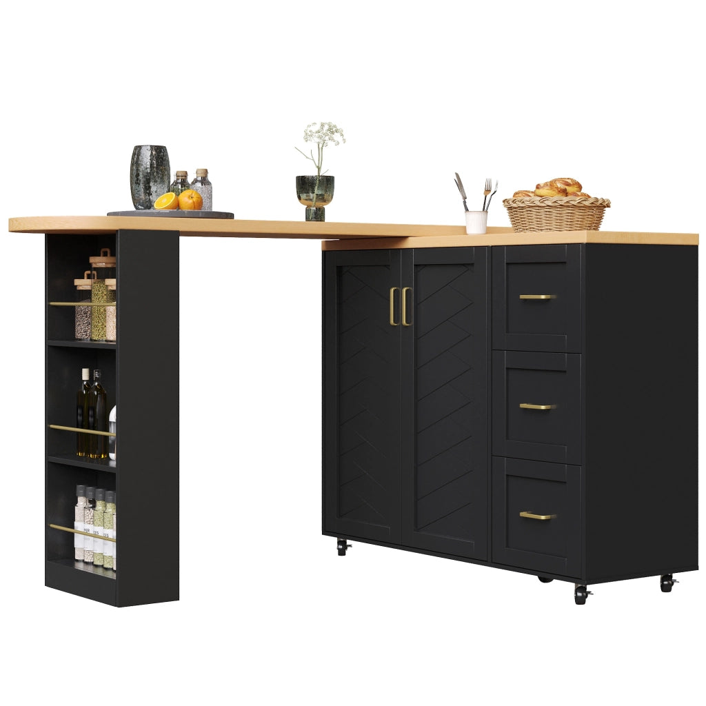 Carrello Bar Allungabile con 2 Ante e 3 Cassetti ¨C MINIMAL ¨C Bianco/Nero, Piano in Legno, 135-228x39x104 cm