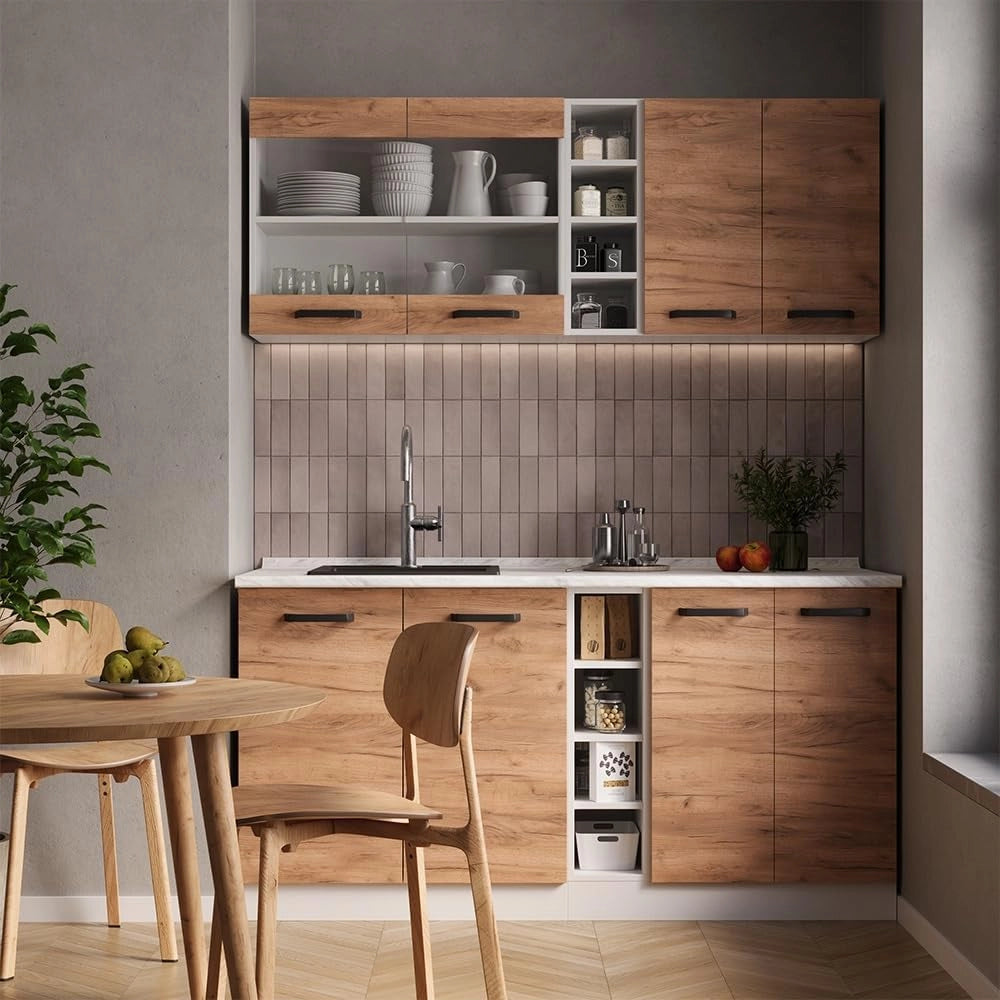 Cucina completa R-Line, Quercia dorata/bianco, 160 cm PL Rovere, con disposizione flessibile dei moduli ed espandibile