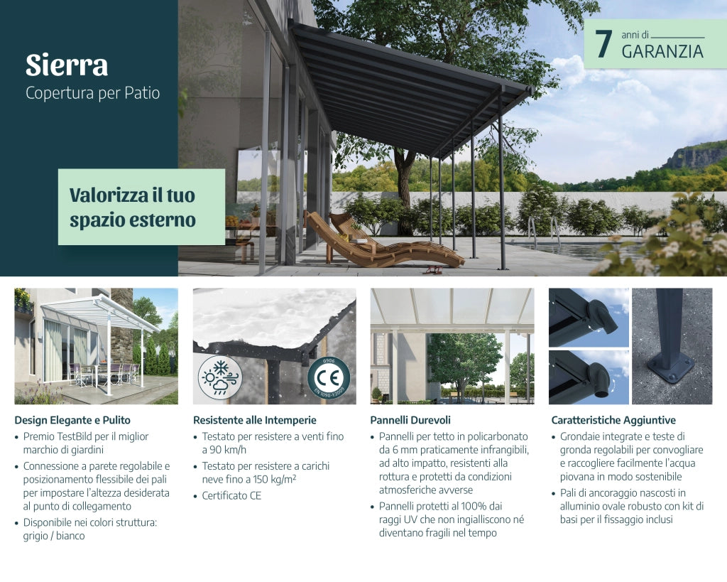 Canopia Sierra Pergola Addossata in Alluminio  3X5.6 m Grigio