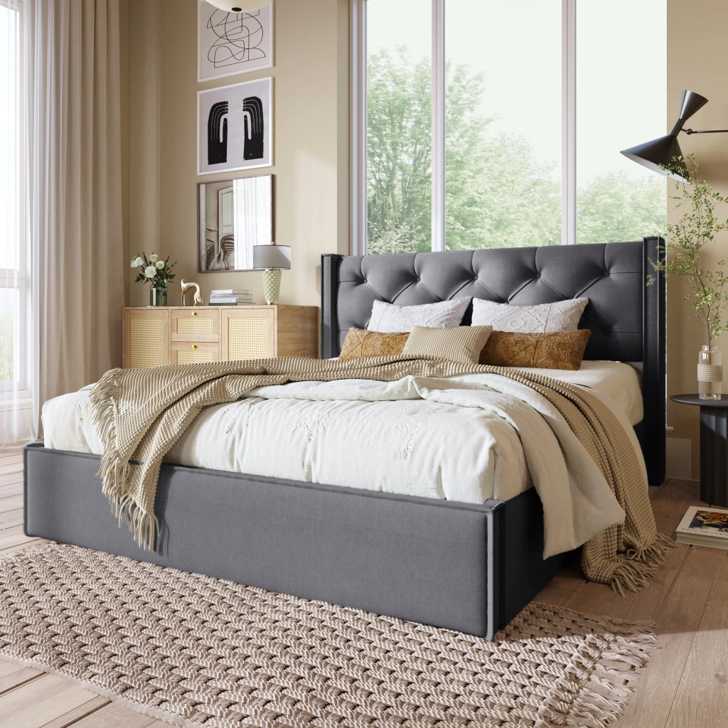 OKWISH Letto Contenitore 160×200 cm, Letto Matrimoniale con Testiera Imbottita, Vano Contenitore, senza Materasso, in Cotone, Grigio