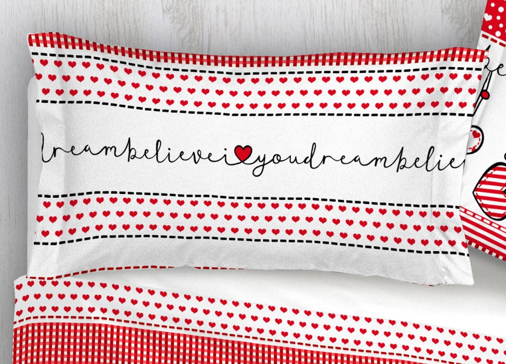 Copripiumino Sacco Piumone 100% Cotone Disegni Natalizi Invernali Renne Cuori OB - Singolo - Dream Rosso