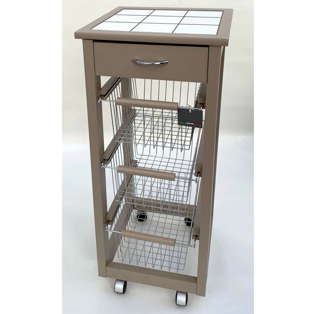 Carrello Cucina SALVASPAZIO in Legno di FAGGIO con CASSETTO E CESTI CONTENITORI 4 Ruote GIREVOLI PORTAPANE PORTA Tortora
