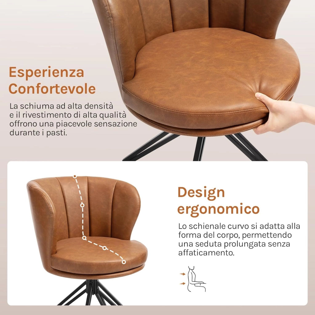 Set di 2 Sedie Sala da Pranzo, Sedie Ergonomiche in PU, Girevole a 360°, per Cucina, Soggiorno, Camera da Letto, Marrone