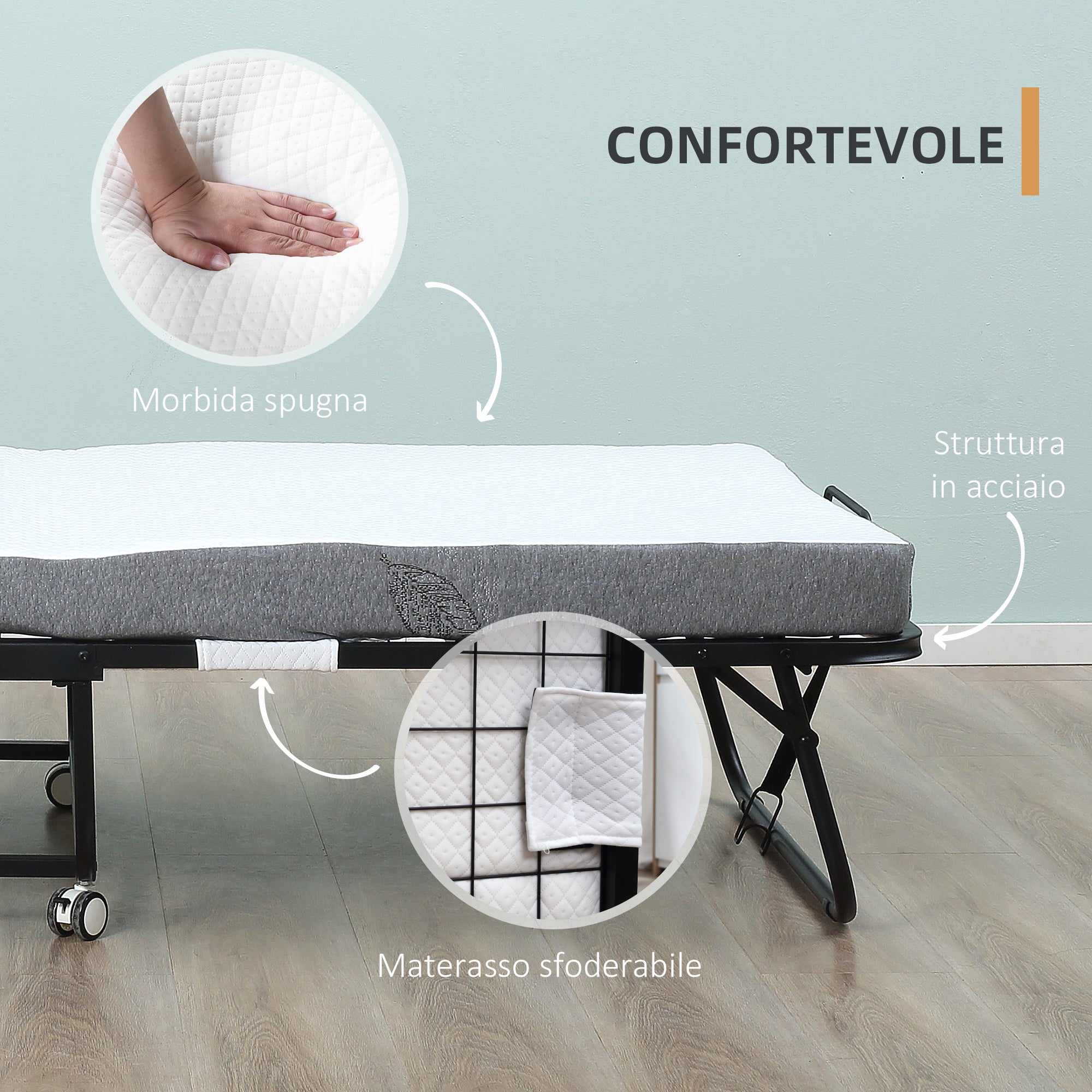 Letto Pieghevole Singolo 90x200 cm con Materasso Spesso 10 cm Rete in Metallo Nero