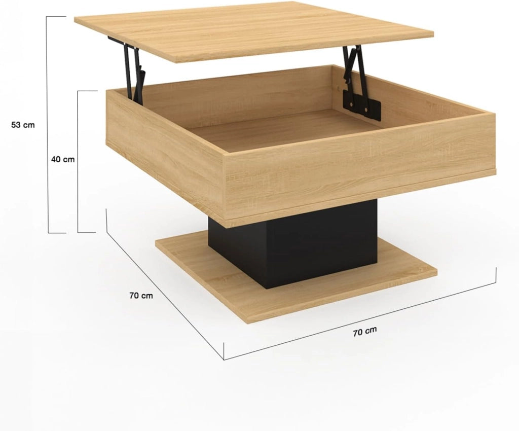 Mesa de centro cuadrada elevable EDEN de madera y negro