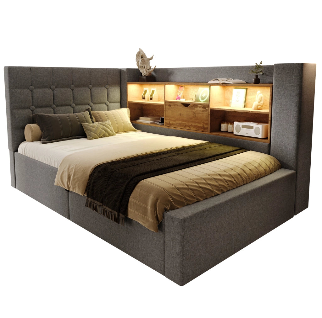 Letto singolo 90 × 200 cm con contenitore idraulico; testiera a L reversibile; LED e USB; grigio