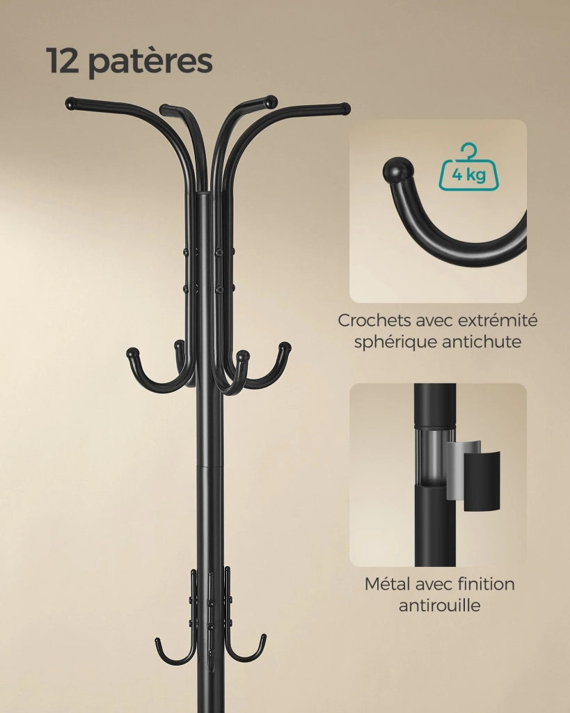 Appendiabiti con portaombrelli 12 ganci struttura in metallo 40 x 40 x 175 cm per ingresso soggiorno camera da letto nero 12_0007089