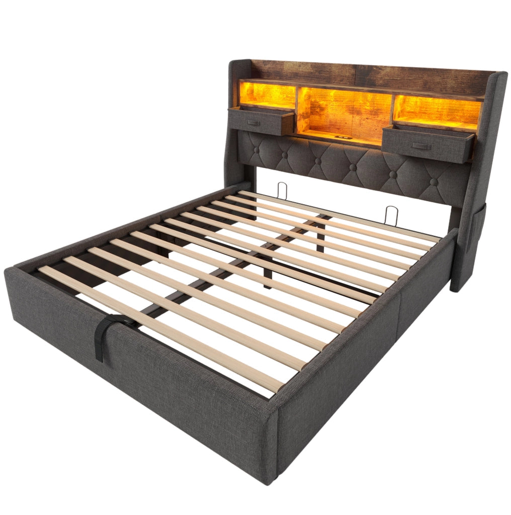 Letto matrimoniale 160x200 cm in lino grigio con contenitore idraulico; LED e porte USB