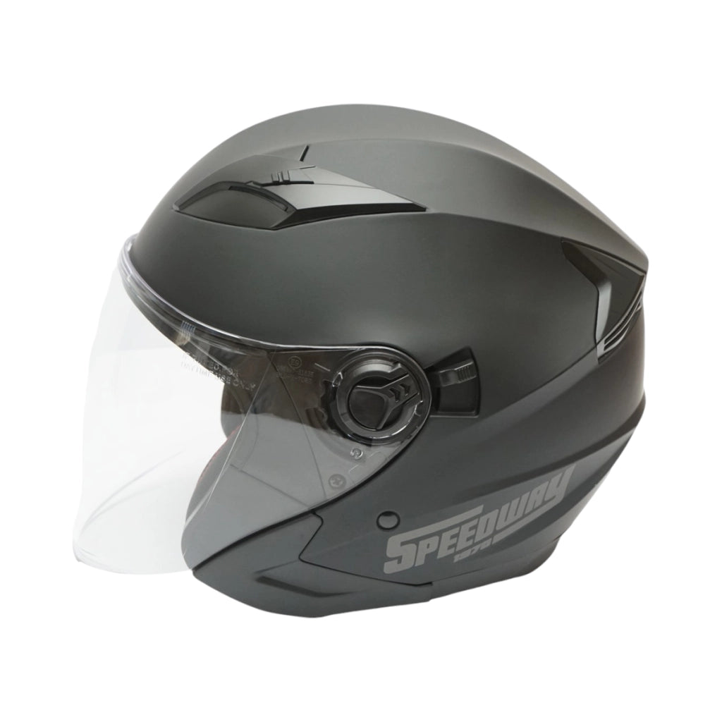 Casco da moto jet nero, modello urbano con visiera trasparente e occhiali da sole, taglia L
