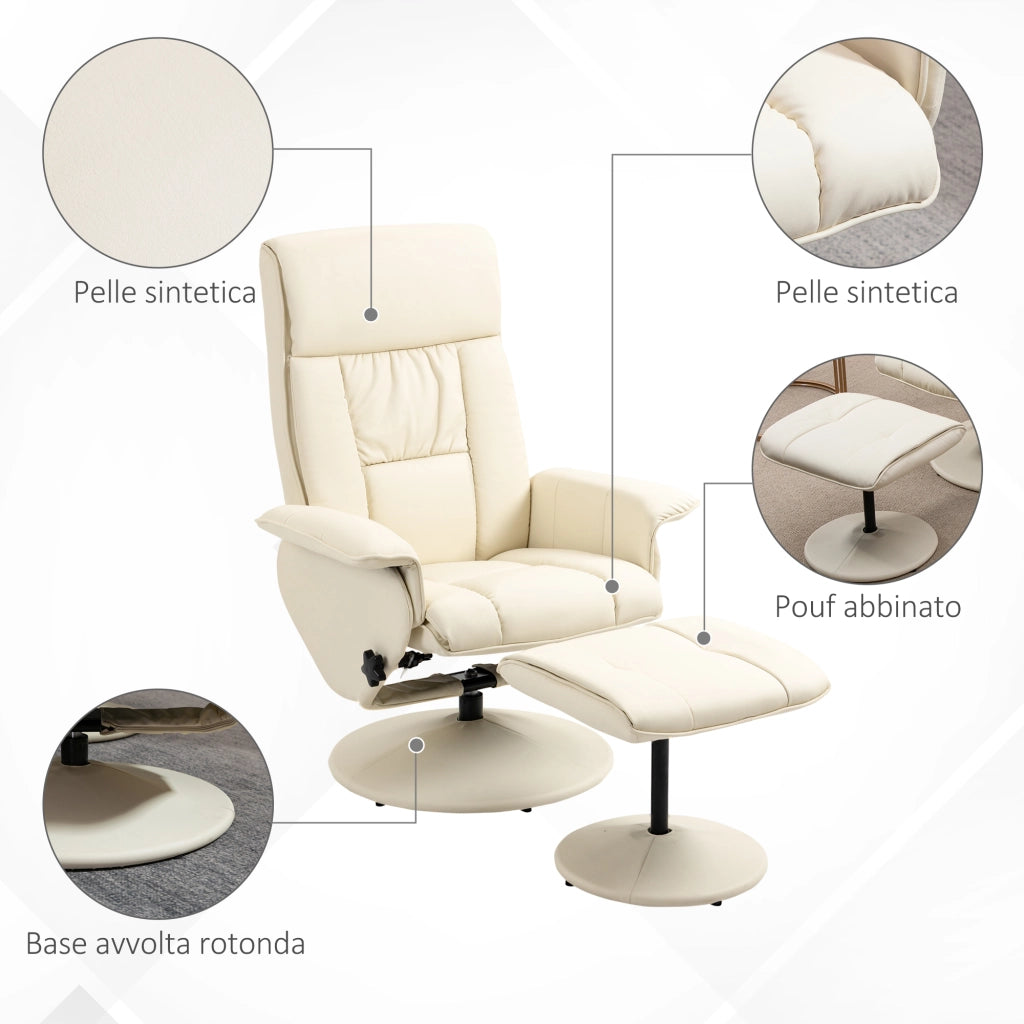 Poltrona Reclinabile con Pouf Poggiapiedi e Seduta Girevole ¨C Zephmum ¨C Crema 78x84x110 cm