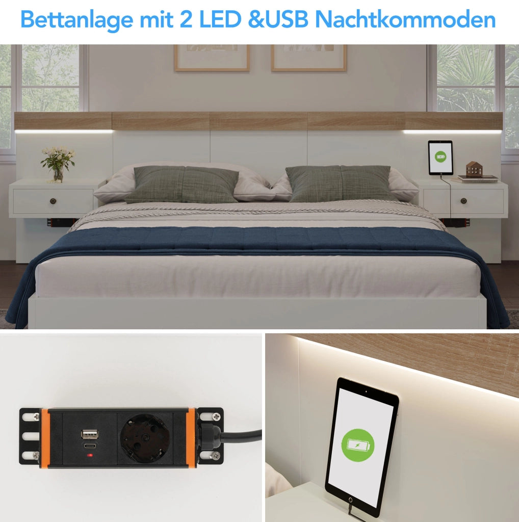 Letto matrimoniale 140x200 cm con 2 comodini LED; prese USB e USB-C; bianco e rovere sonoma