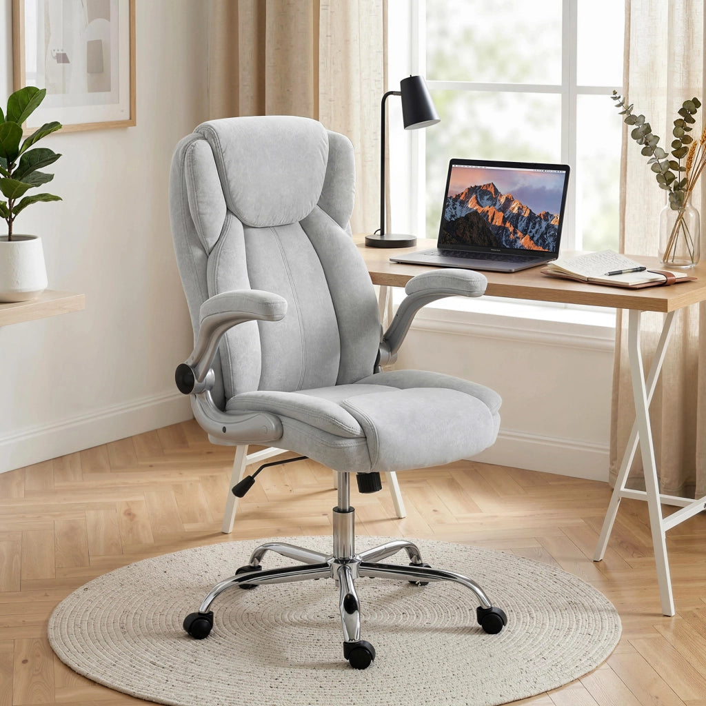 Sedia Ergonomica, Schienale Alto Velluto Stampato, Braccioli Ribaltabili, Bianco Crema