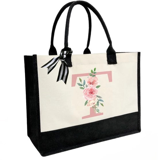 Tas da spiaggia personalizzata in canapa con tasca interna con cerniera, spalline doppie, sacchetto in juta con monogramma per uso quotidiano e viaggi, lettera T rossa, unico modello.
