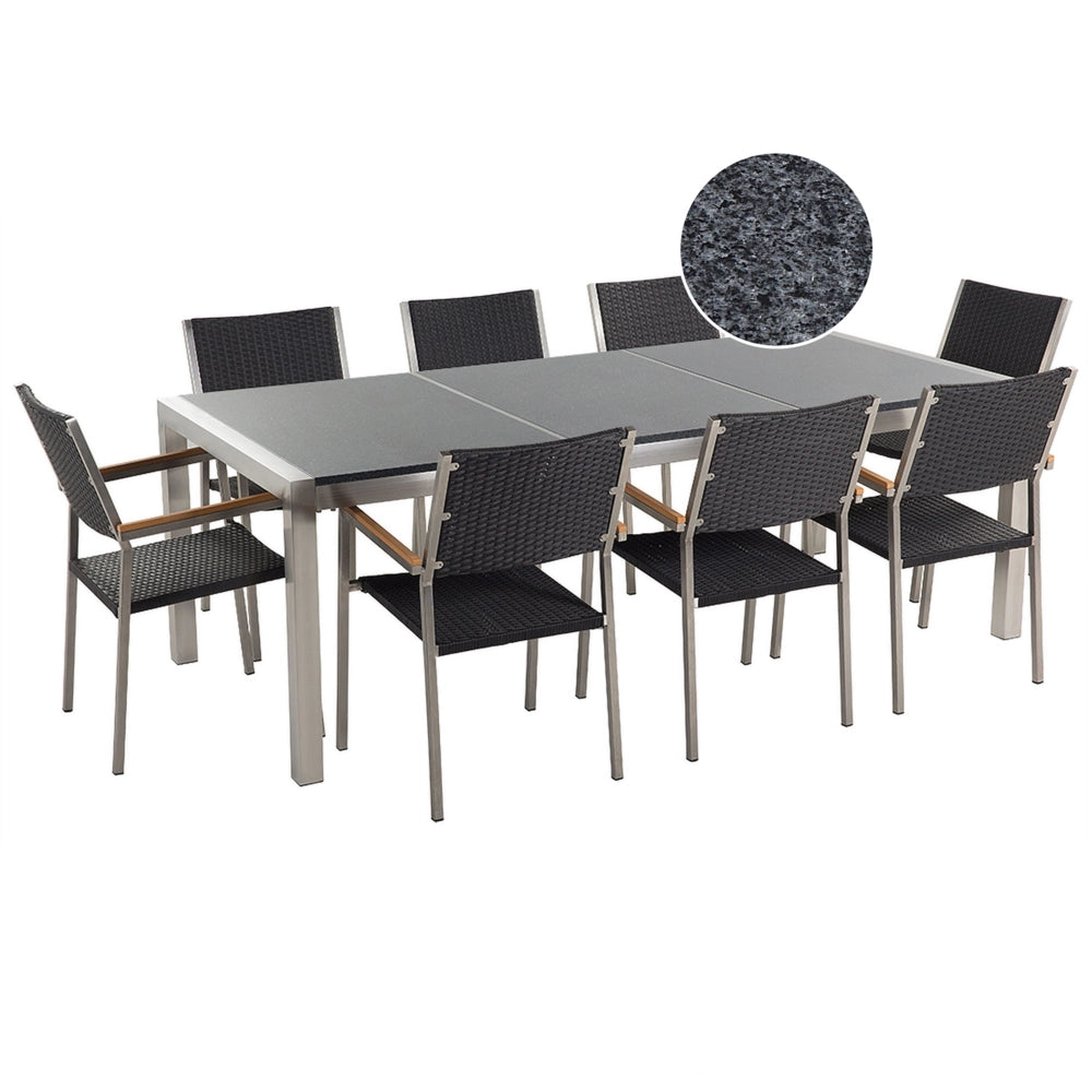 Set da pranzo da giardino Nero con piano in granito grigio sedie in rattan 8 posti 220 x 100 cm