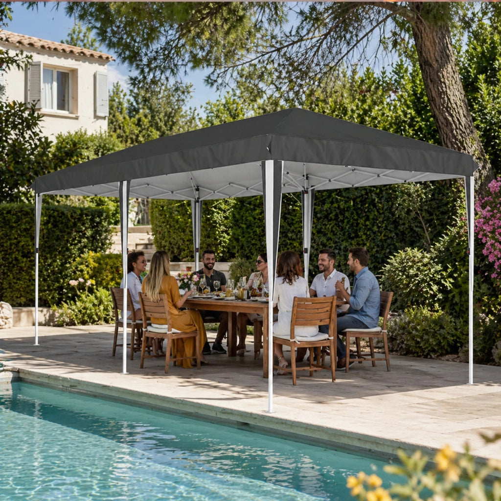 Gazebo Pieghevole 3x6 Metri Con Pareti Laterali E Finestre Impermeabile Altezza Regolabile Struttura In Metallo Nero
