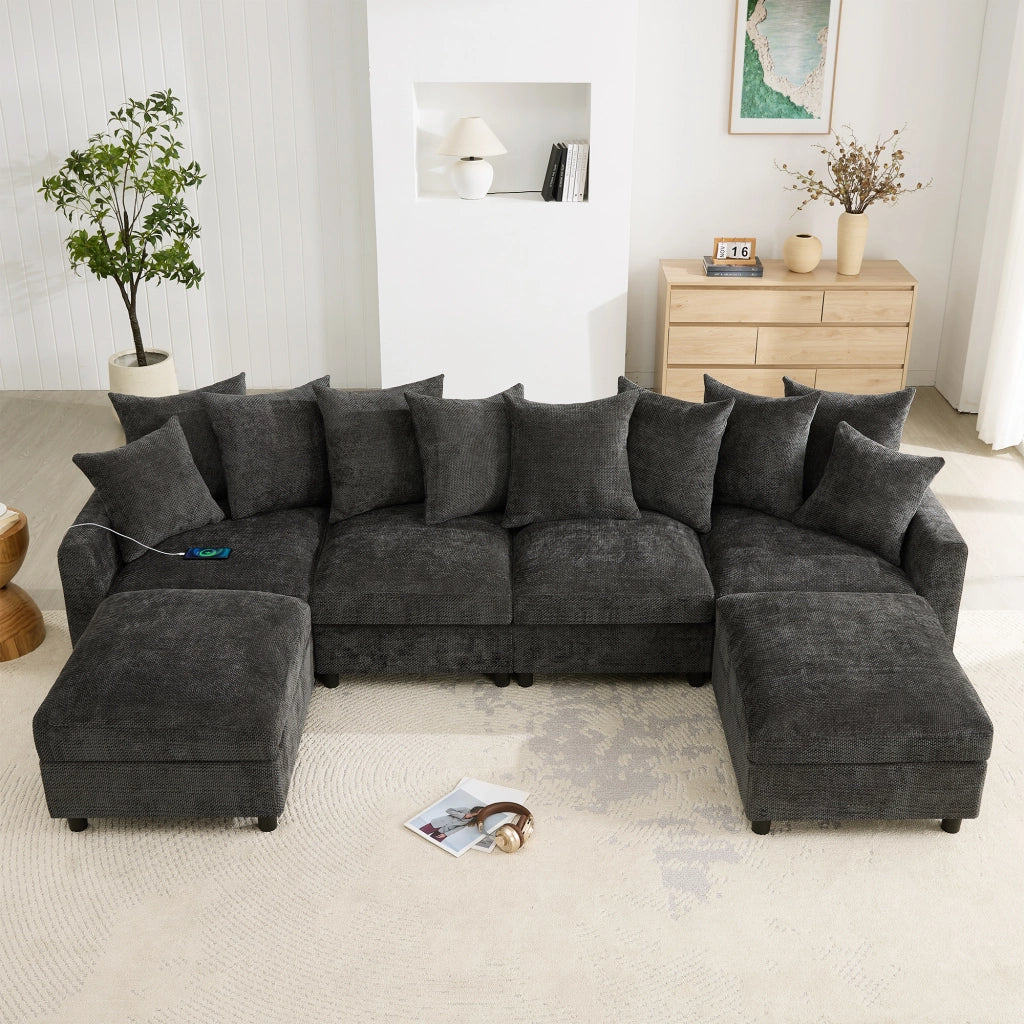 Divano modulare angolare a U e L con porte USB e Type C, cuscini regolabili in chenille grigia 283 × 153,5 × 78,5 cm