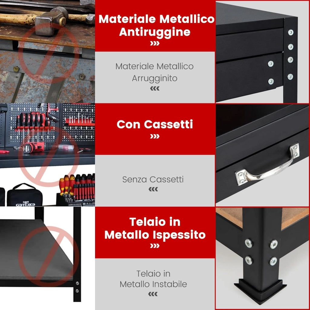Banco da Lavoro con Pannello a Chiodi, Tavolo da Officina con Cassetti, Ripiani e 25 Accessori Appendibili, Carico Massimo 435 kg, per Garage, Casa, Officina e Magazzino