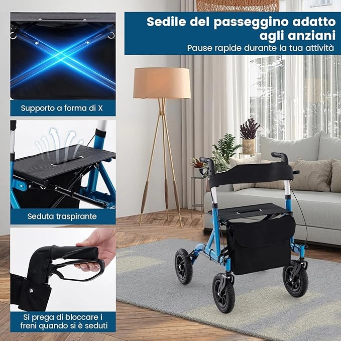 Deambulatore per Anziani Pieghevole, Deambulatore Pieghevole Regolabile in Altezza, Con 4 Ruote Gonfiabili e Borsa Portaoggetti, in Alluminio, Portata Massima di 160 kg (Blu)