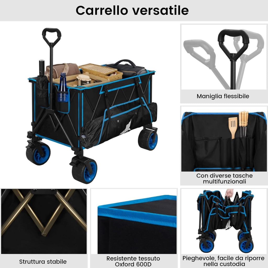 Carrello Pieghevole con Ruote da Spiaggia, Carrello da Giardino, Campeggio, Viaggio, Spesa, Borsa di Trasporto, Oxford+Acciaio, Nero+Blu