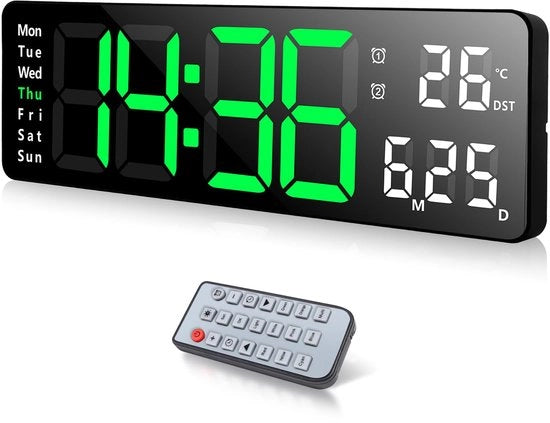 Orologio digitale da parete 13 pollici, grande orologio LED da parete, sveglia digitale con telecomando, indicazione dell'ora e conto alla rovescia, data, settimana, temperatura, calendario digitale per camera da letto e soggiorno.