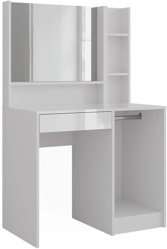 Tavolo da toeletta Sherry, Bianco/bianco lucido, 89.8 cm 3 parti, con grande specchio per la routine cosmetica quotidiana
