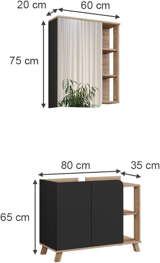 Set di mobili da bagno Karen, Sonoma/antracite, 80 cm, composto da specchio da bagno e mobile sottolavabo