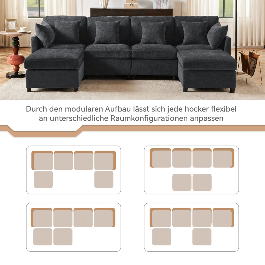DIVANO MODULARE convertibile in U o L 278x161x81 cm Chenille grigio con 2 pouf e 6 cuscini