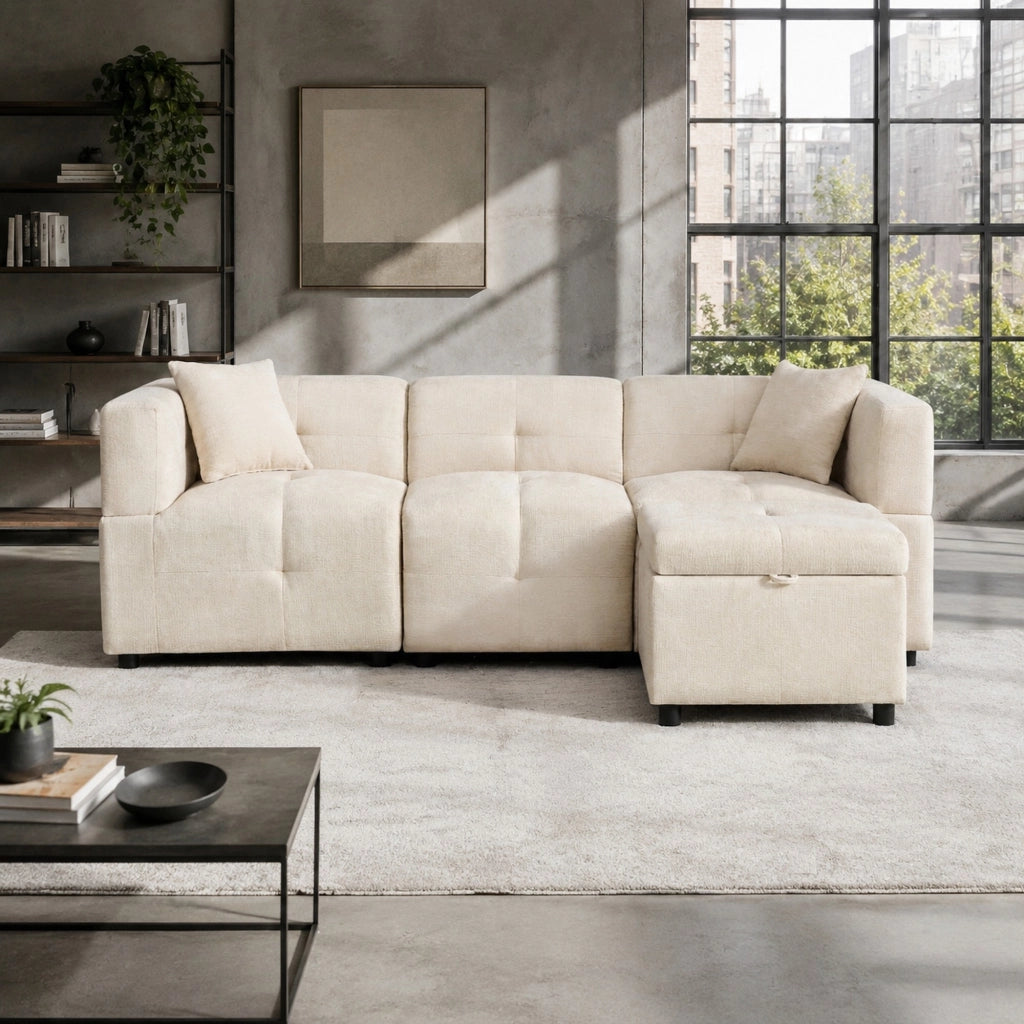 Divano Angolare 3 Posti Modulare con vano contenitore, Pouf rimovibile e 2 Cuscini, in Ciniglia Beige