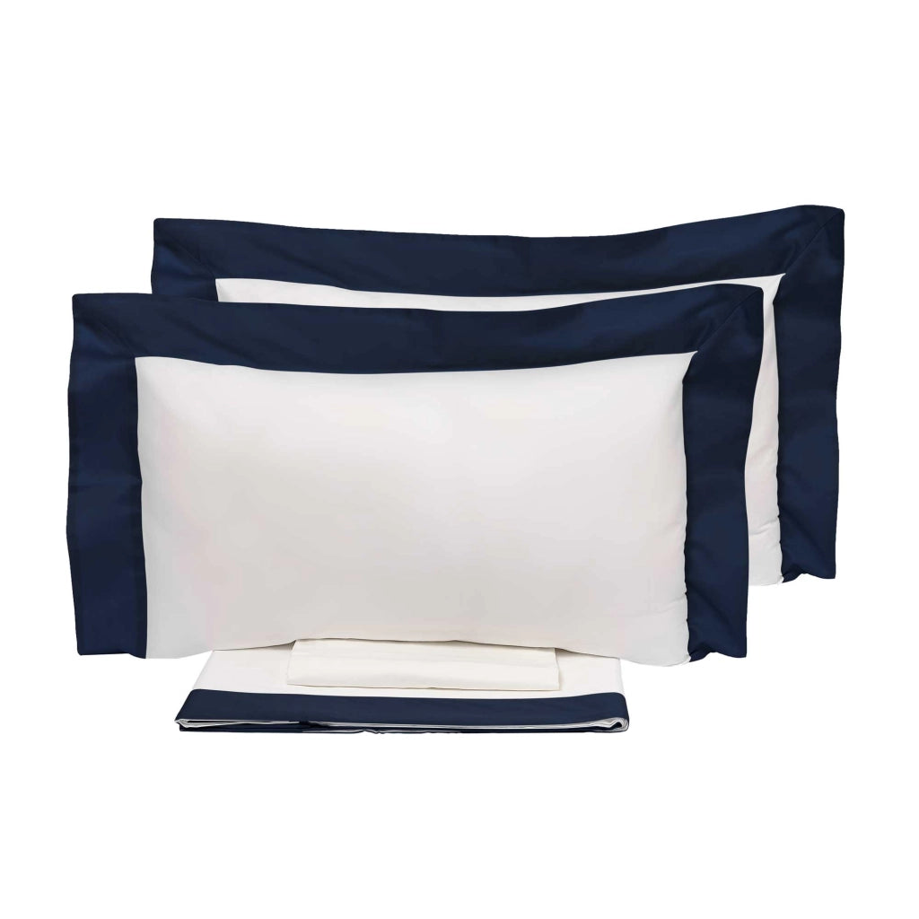 Set Lenzuola Sopra Sotto e Federe Bordi in Raso Garrini Eveline Avorio/Blu Varie Misure