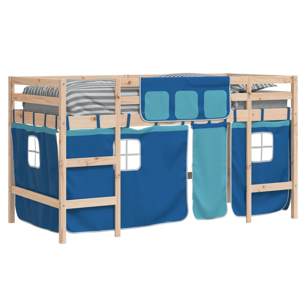 Letto a Soppalco con Tende Bambini Blu 80x200 cm Massello Pino 3206956