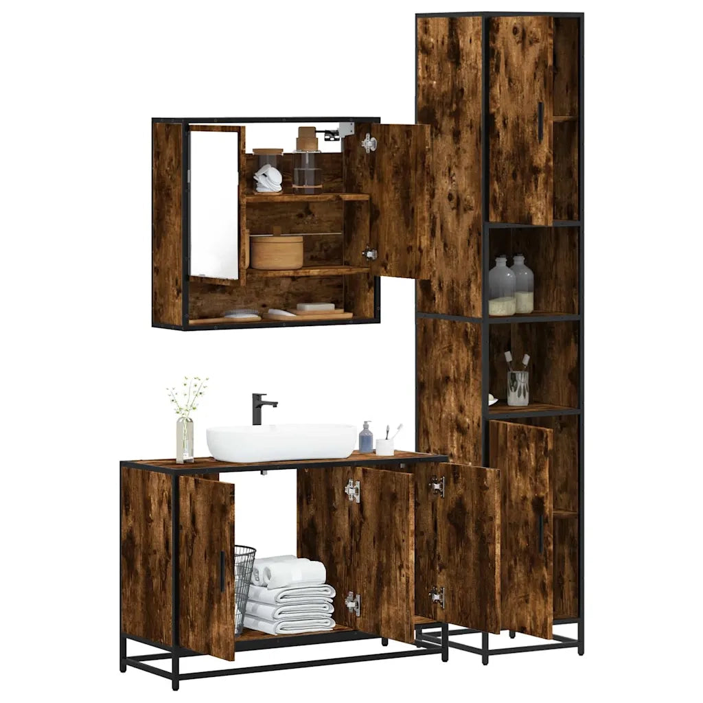 Set Mobili da Bagno 3 pz Rovere Fumo in Legno Multistrato