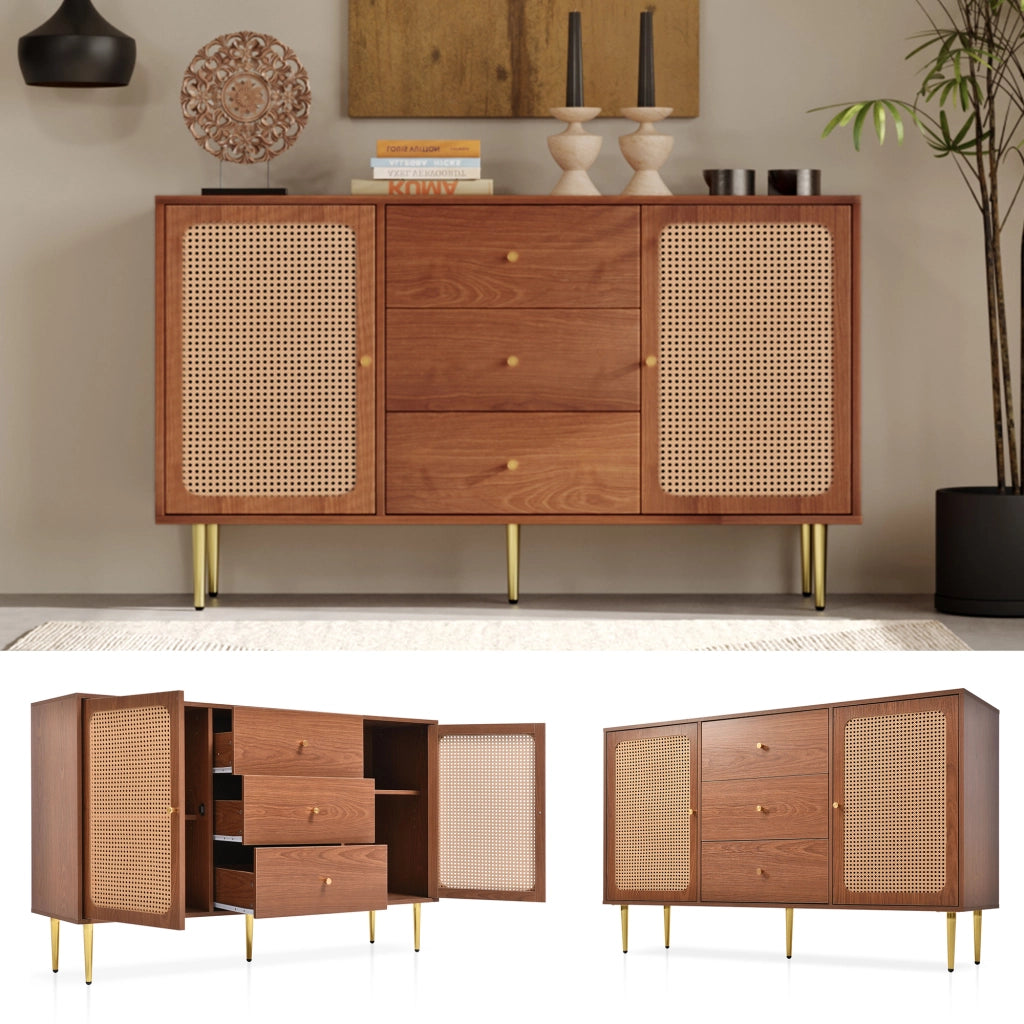 Cassettiera con 2 Ante e 3 Cassetti; Ripiano Regolabile; Stile Vintage; in Legno e Metallo; 150×40×90 cm; Noce