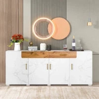 Credenza Moderna in Marmo e Rovere, 4 Ante e 2 Cassetti, per Soggiorno e Cucina, 208x39.5x80 cm, Bianco