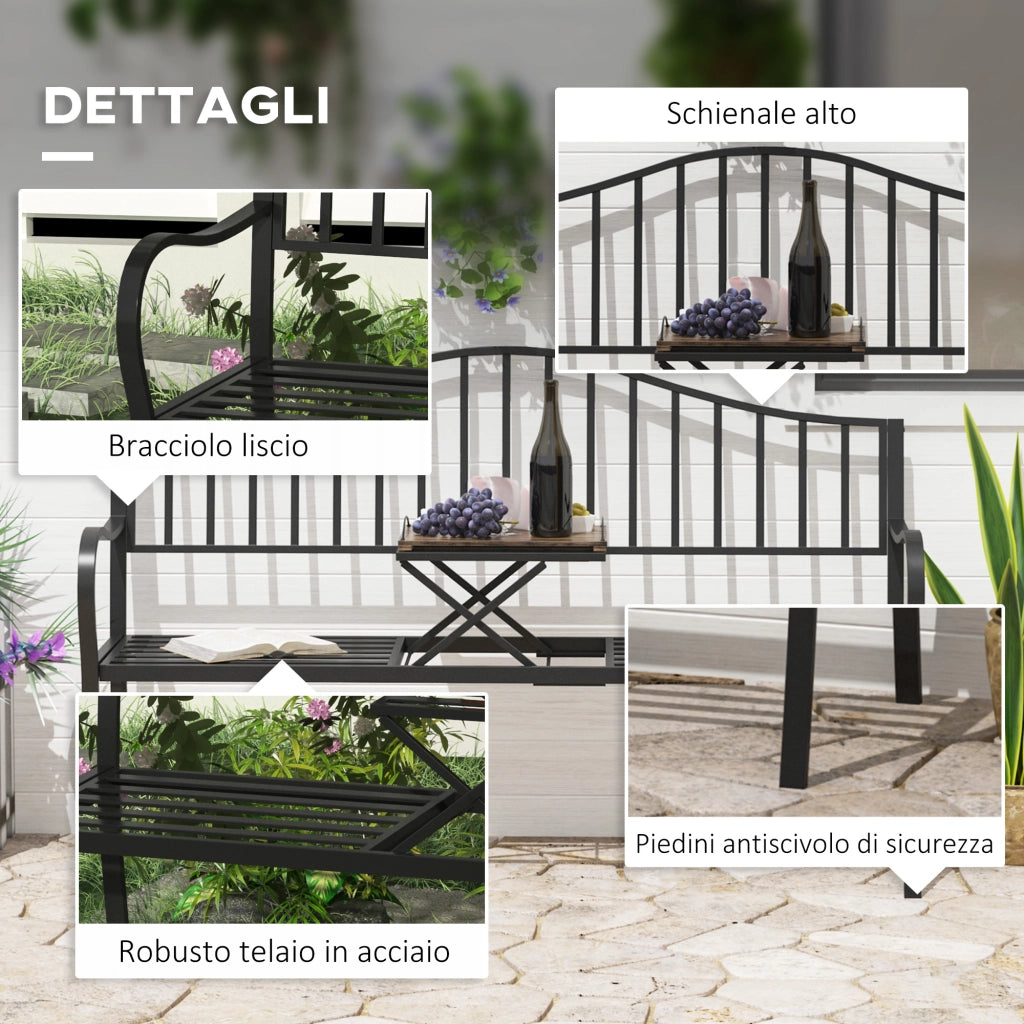 Panchina da Giardino 2 Persone con Tavolino Estensibile Nero Metallo