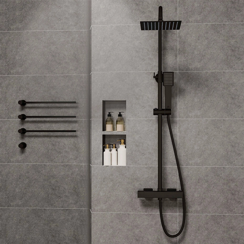 Colonne doccia nero, soffione doccia quadrato 20x20cm acciaio inox, saliscendi doccia tondo regolabile 72-120cm