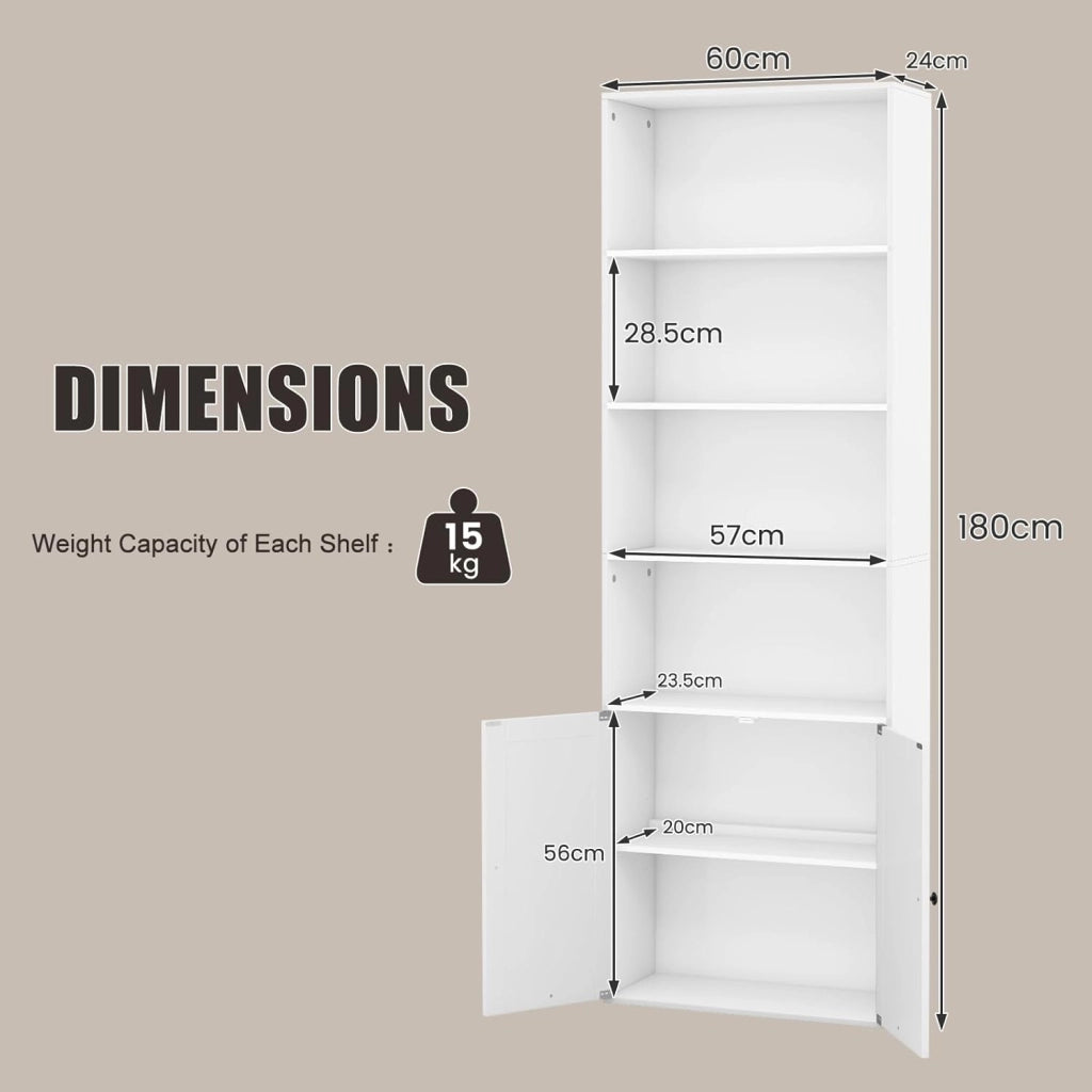 Libreria Chiusa in Legno con Armadio a Ante, 6 Ripiani Aperti, Librerie Moderne con Ripiano Rimovibile, Libreria Scaffale, 60 x 24 x 180 cm, Bianco