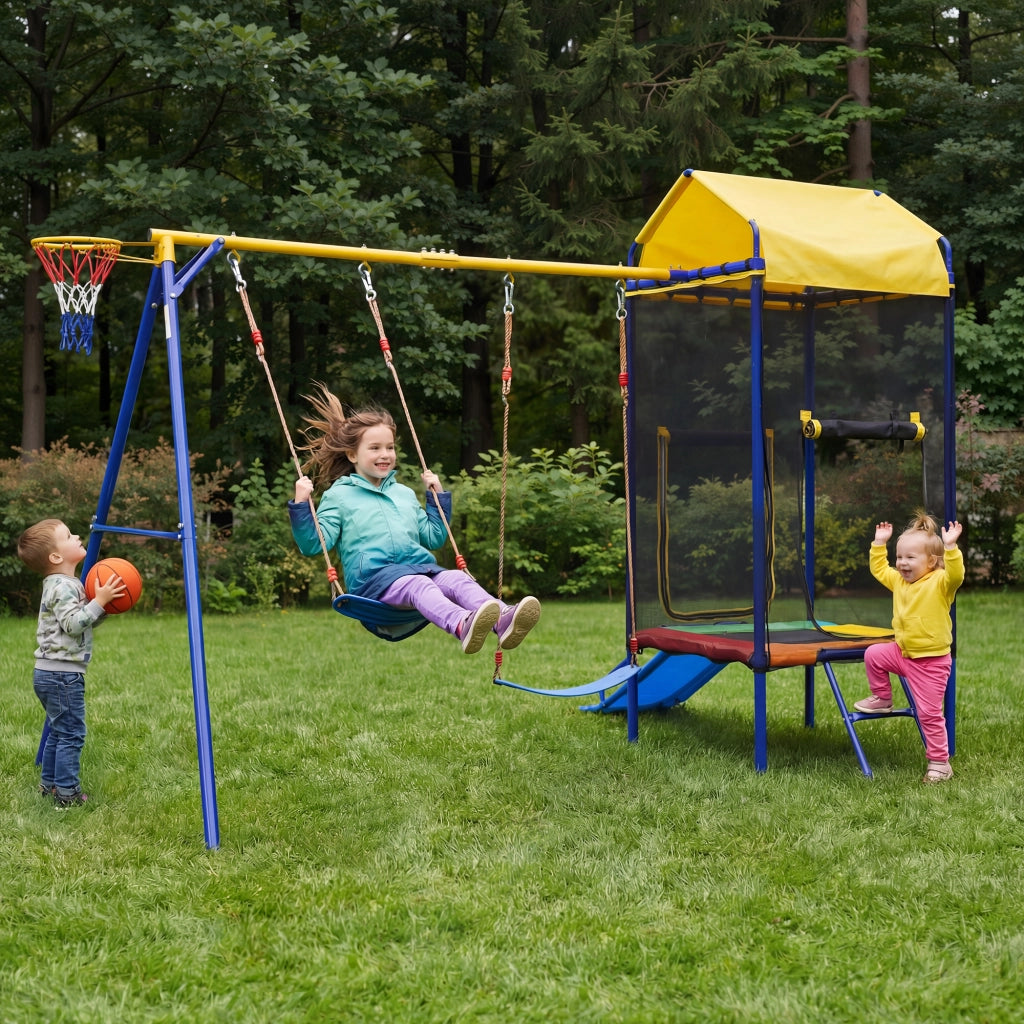 Parco giochi da esterno 4 in 1 con trampolino; doppia altalena; scivolo e canestro