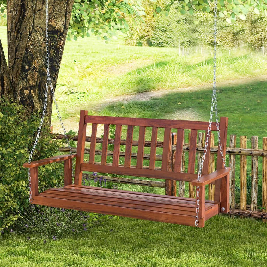 Altalena da Giardino in Legno per 2 Persone, Panchina Sospese in Legno con Capacità di Peso di 230 kg, Sedia a Dondolo per Giardino, Cortile (Marrone, 136 x 67 x 63 cm)