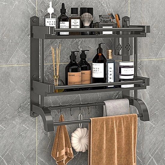 Scaffale a Parete in Metallo, 2 Livelli, 40 cm, Scaffale Fluttuante con Rullo Asciugamani e 5 Ganci, Montato a Parete, per Bagno, Camera da Letto, Salotto, Cucina, Ufficio Casa, Risciacquo