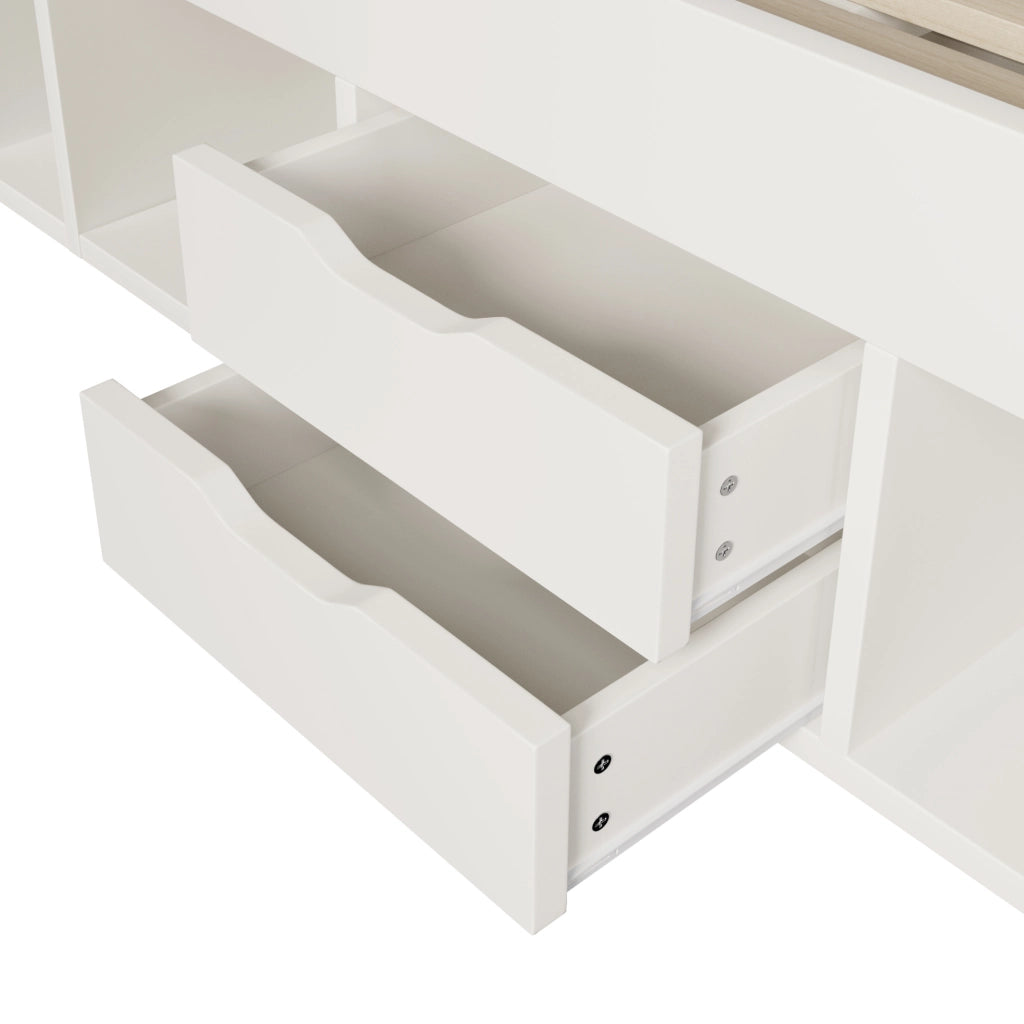 Letto funzionale bianco 140x200 cm con LED, USB, vani contenitore e cassetti