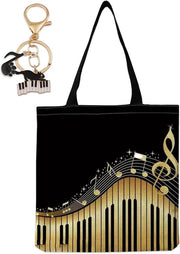 Borsa di stoffa riutilizzabile con disegno musicale note e strumenti musicali - Alta nota - Nero - 38 x 40 cm - Con gancio musicale gatto.