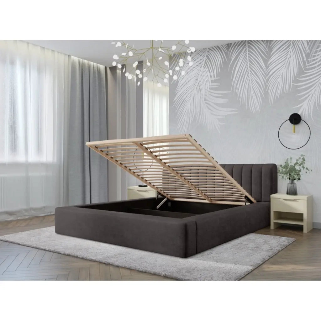Letto contenitore CERVIN – Tessuto bouclé Sabbia nuvolata – 180x200 cm – Rete sollevabile – Design contemporaneo