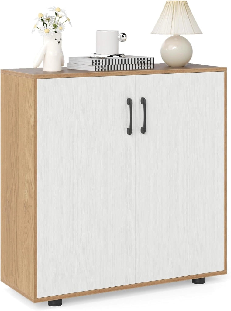 Credenza Bassa per Soggiorno con 2 Ante e Mensola Regolabile su 5 Livelli, Mobile da Cucina Moderno in Legno, Mobiletto Salvaspazio per Salotto e Ingresso, 80 x 31,5 x 82 cm (Naturale)