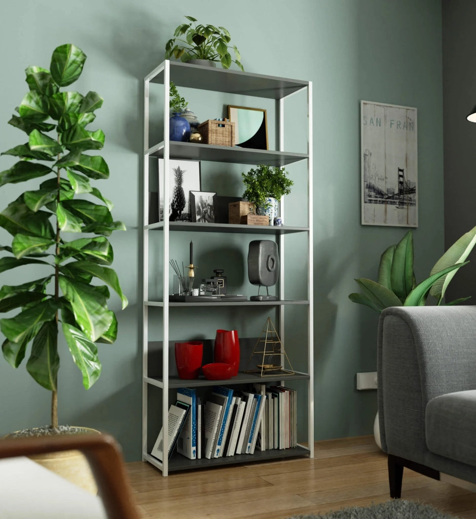 Scaffale stilo loft con ripiani in legno 80 cm Bianca 80 cm inserto frontale Grigio 80x32x192 cm
