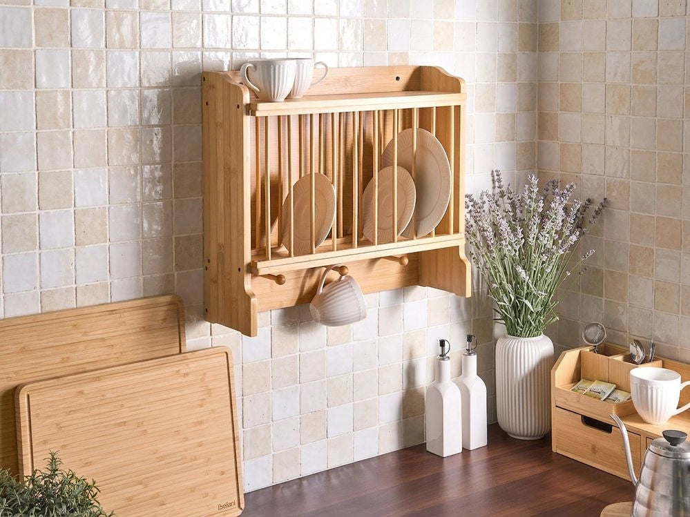 Scaffale portapiatti in bambù marrone chiaro da parete con ganci per tazze Ripiano da cucina Accessori da cucina in stile rustico