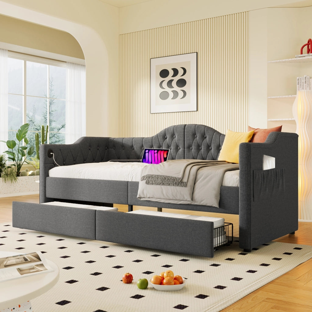 Letto Divano 90 x 190 cm; Letto Singolo con 2 Cassetti; USB e Tipo C; senza Materasso; Lino Grigio
